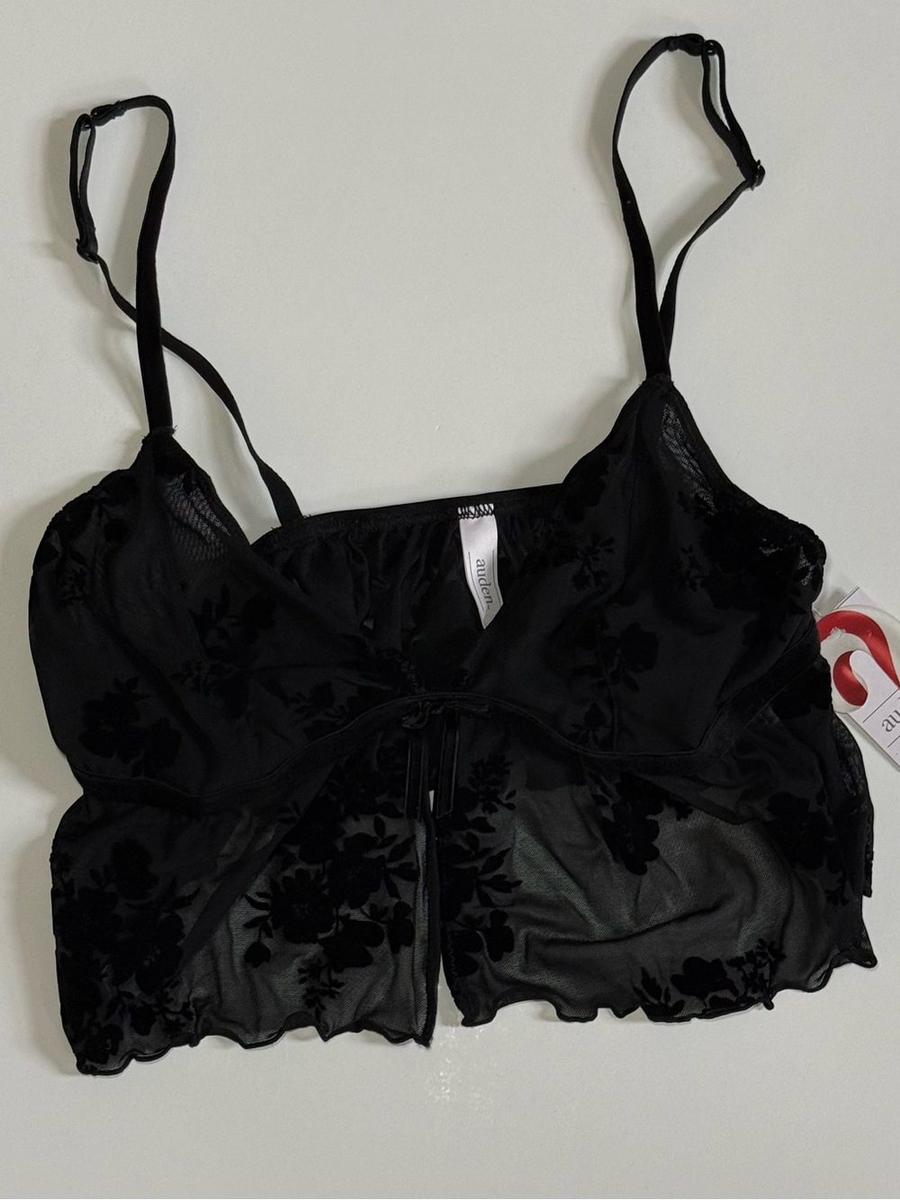 Auden Black Flocked Velvet Floral Sheer
Mesh Split Front Cami Top Large NWT